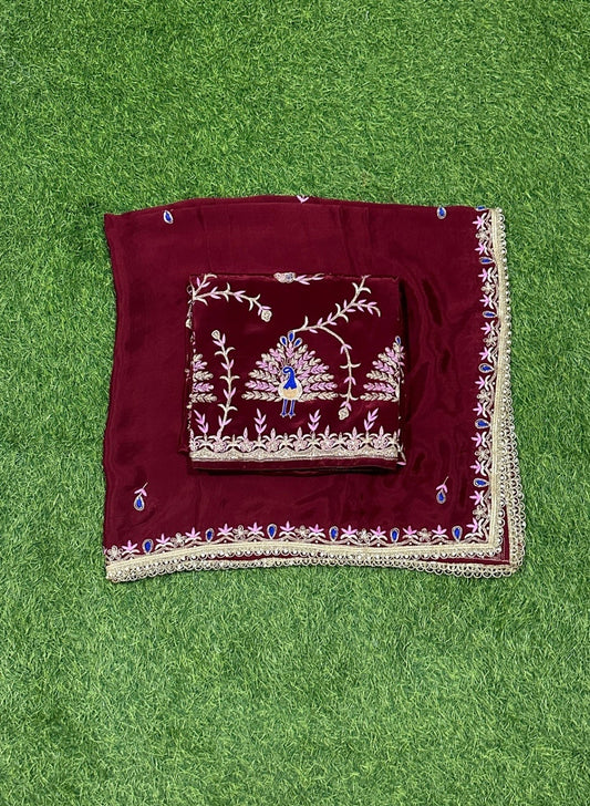 Mehroon Crepe Suit | Bridal | Wedding | Party Wear | Jaggo | Ring Ceremony | Festival | Celebrity |
