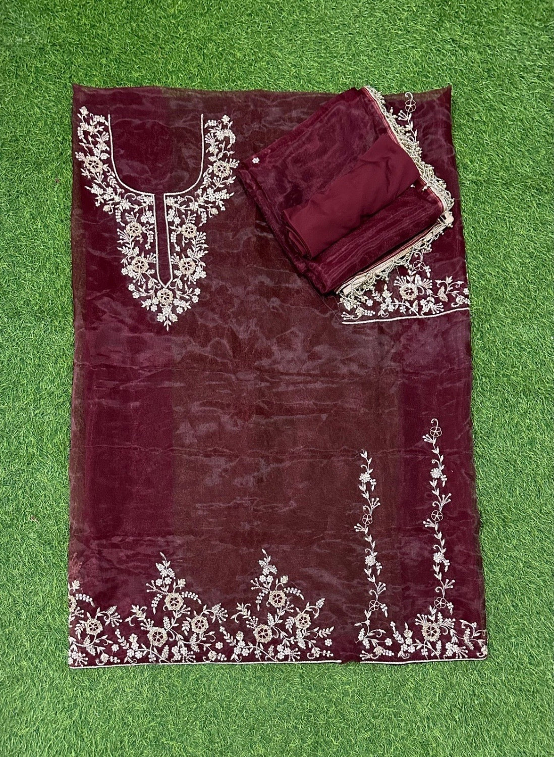 Mehroon Shimmer Organza Suit | Party Wear | Wedding | Jaggo | Ring Ceremony | Festival | FS4221