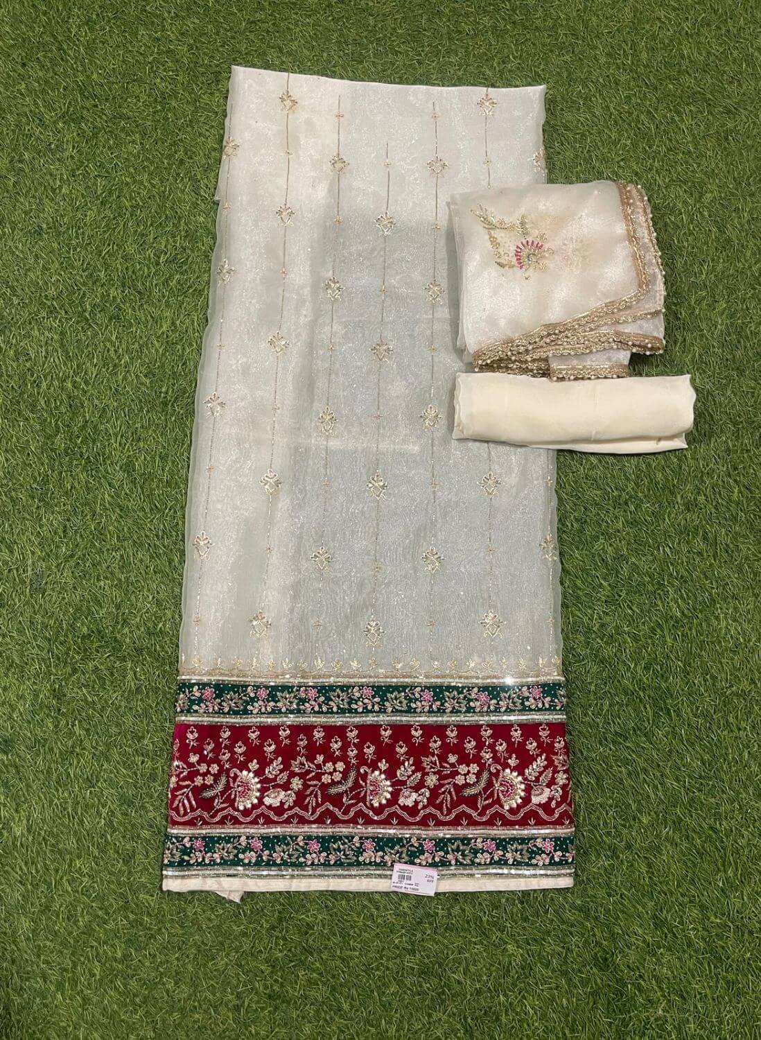 Off white Glass Shimmer Suit | Party Wear | Wedding | Jaggo | Ring Ceremony | Festival | FS386