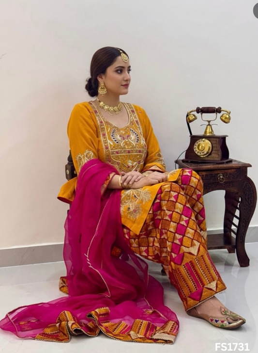 FS1731 | Mustred | Organza Suit | Party Wear | Wedding | Jaggo | Ring Ceremony | Festival