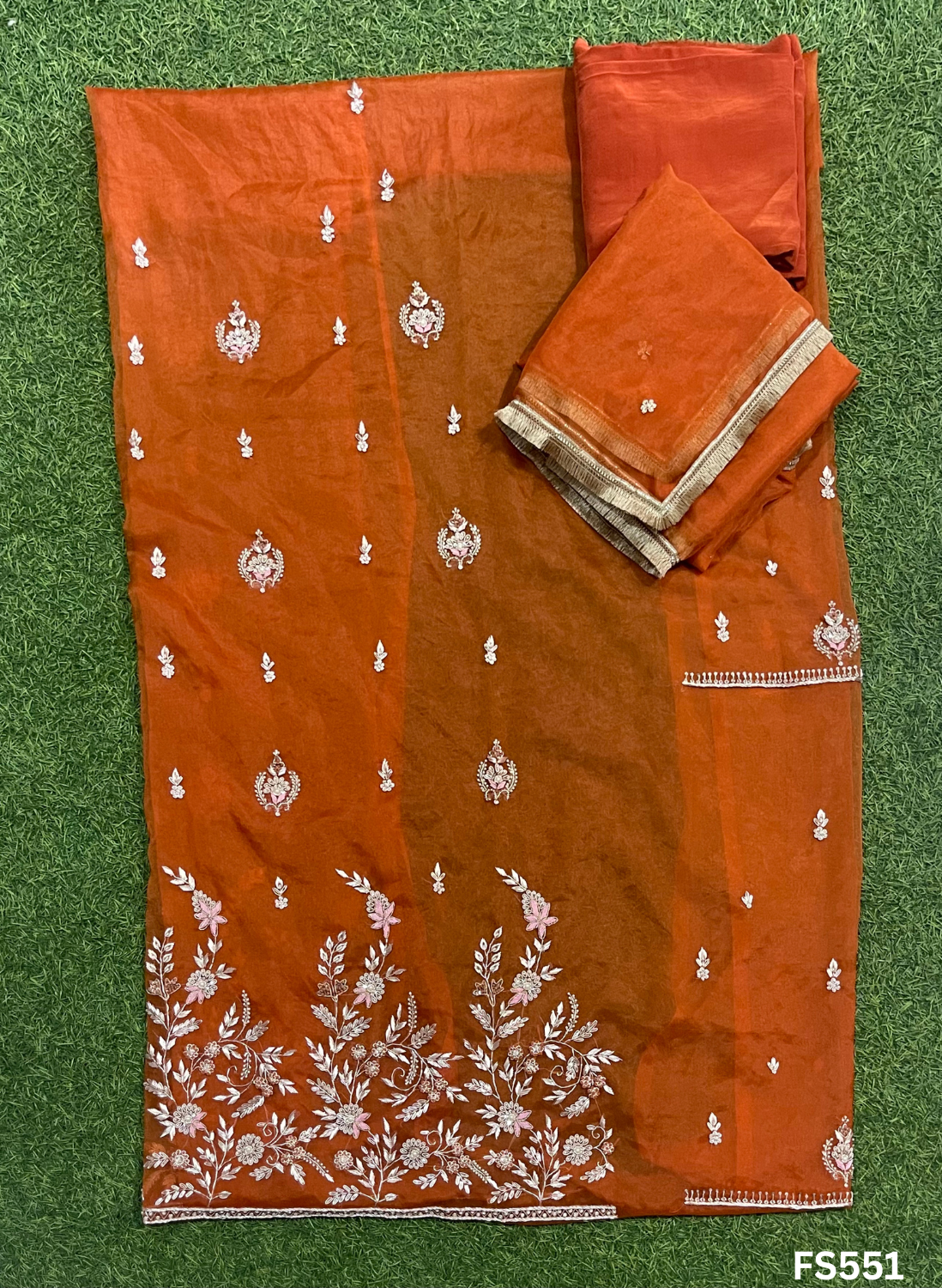FS551 | Rust | Organza Suit | Party Wear | Wedding | Jaggo | Ring Ceremony | Festival