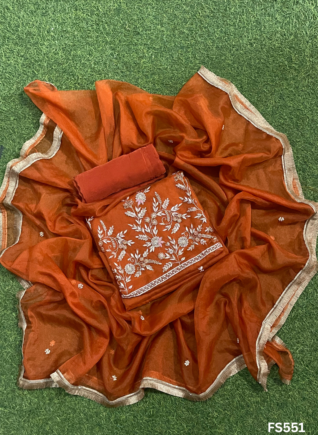 FS551 | Rust | Organza Suit | Party Wear | Wedding | Jaggo | Ring Ceremony | Festival