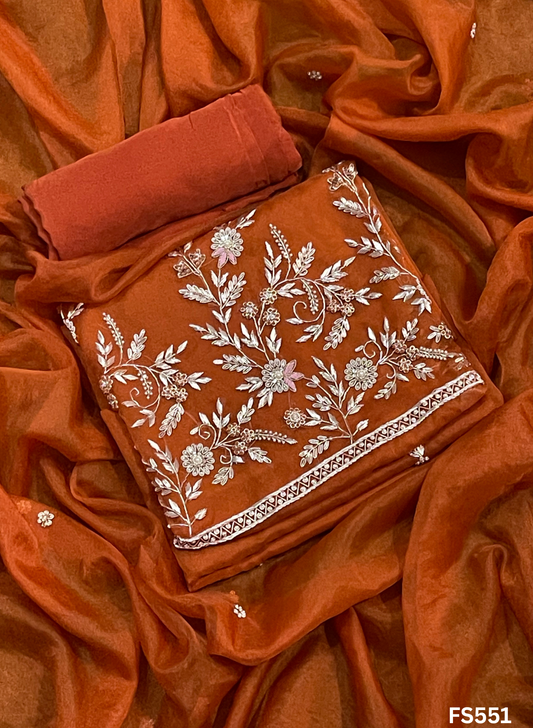 FS551 | Rust | Organza Suit | Party Wear | Wedding | Jaggo | Ring Ceremony | Festival