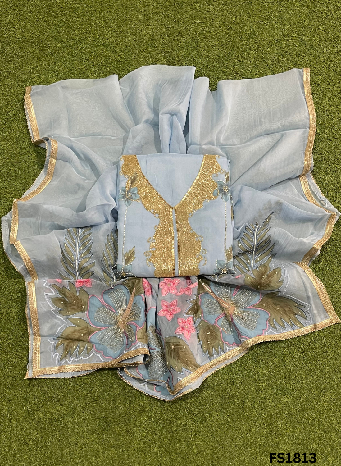 FS1813 | Sky-Blue | Organza | Suit | Wedding | Party Wear | Ring Ceremony | Festival Suit | Allover suit