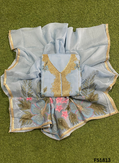 FS1813 | Sky-Blue | Organza | Suit | Wedding | Party Wear | Ring Ceremony | Festival Suit | Allover suit
