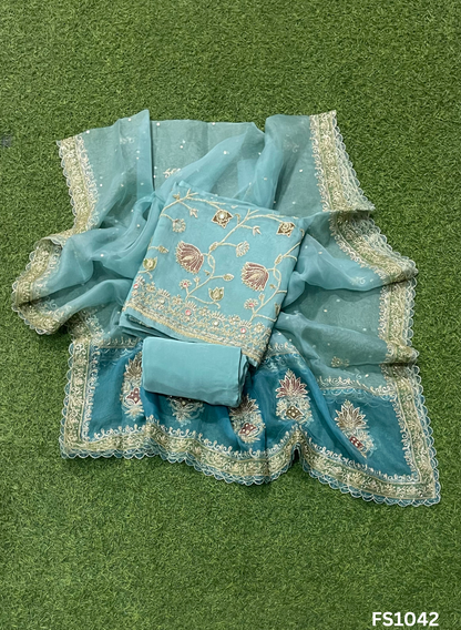 FS1042 | Sky-Blue | Organza Suit | Party Wear | Wedding | Jaggo | Ring Ceremony | Festival