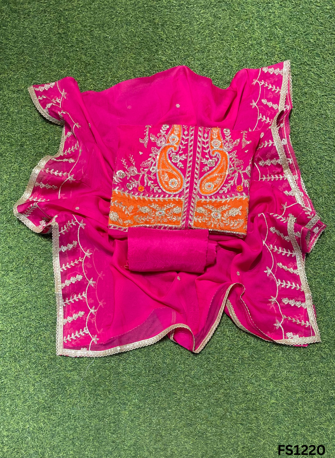 FS1220 | Hot-pink | Organza Suit | Party Wear | Wedding | Jaggo | Ring Ceremony | Festival |
