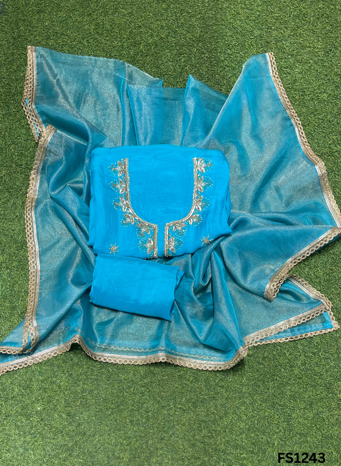 FS1243 | Firozi | Organza Suit | Party Wear | Wedding | Jaggo | Ring Ceremony | Festival |