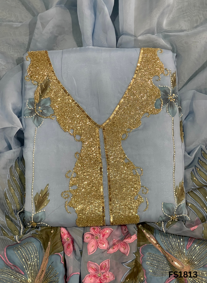 FS1813 | Sky-Blue | Organza | Suit | Wedding | Party Wear | Ring Ceremony | Festival Suit | Allover suit