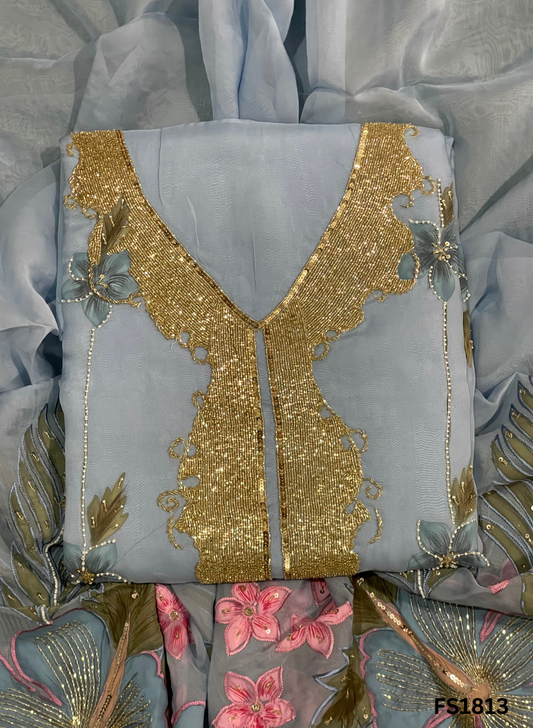 FS1813 | Sky-Blue | Organza | Suit | Wedding | Party Wear | Ring Ceremony | Festival Suit | Allover suit