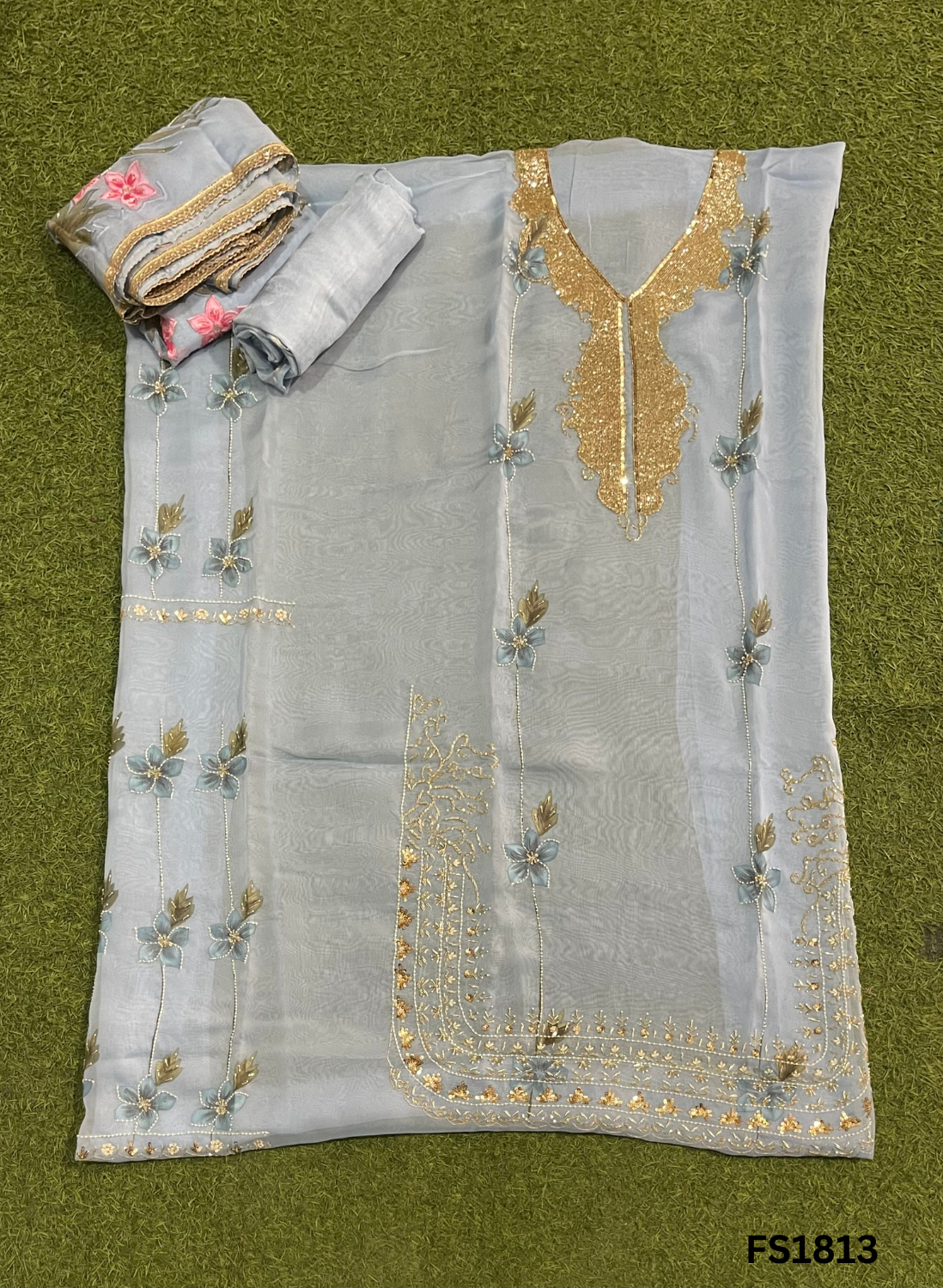 FS1813 | Sky-Blue | Organza | Suit | Wedding | Party Wear | Ring Ceremony | Festival Suit | Allover suit