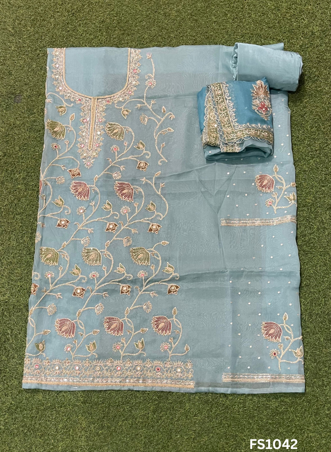 FS1042 | Sky-Blue | Organza Suit | Party Wear | Wedding | Jaggo | Ring Ceremony | Festival