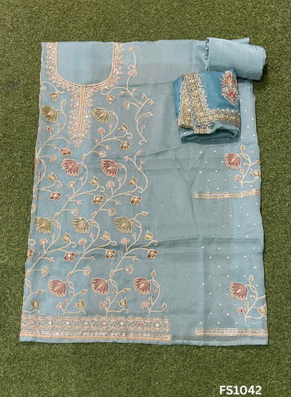 FS1042 | Sky-Blue | Organza Suit | Party Wear | Wedding | Jaggo | Ring Ceremony | Festival