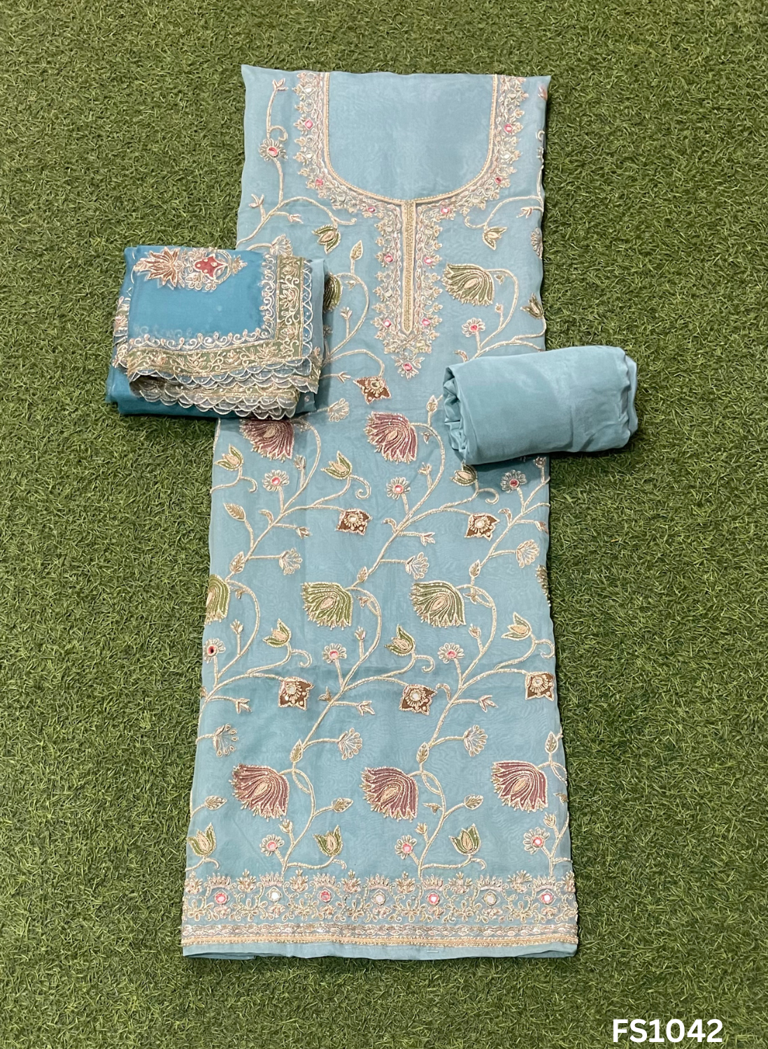 FS1042 | Sky-Blue | Organza Suit | Party Wear | Wedding | Jaggo | Ring Ceremony | Festival