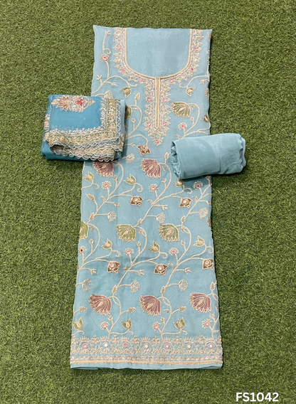 FS1042 | Sky-Blue | Organza Suit | Party Wear | Wedding | Jaggo | Ring Ceremony | Festival