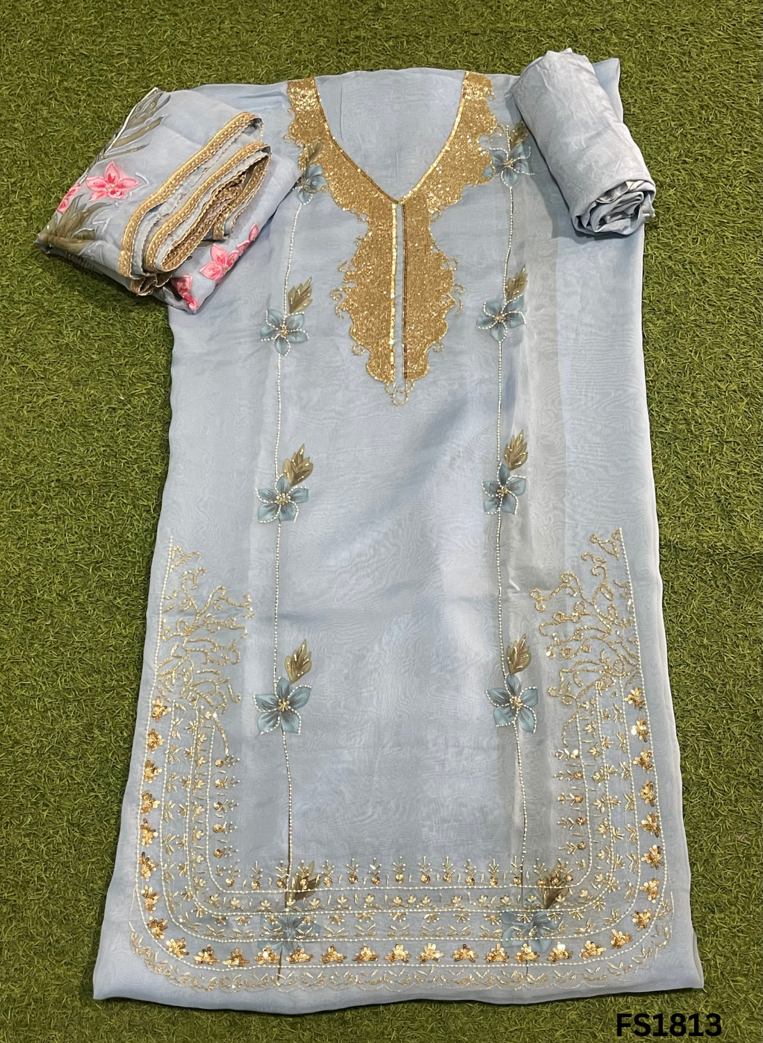 FS1813 | Sky-Blue | Organza | Suit | Wedding | Party Wear | Ring Ceremony | Festival Suit | Allover suit