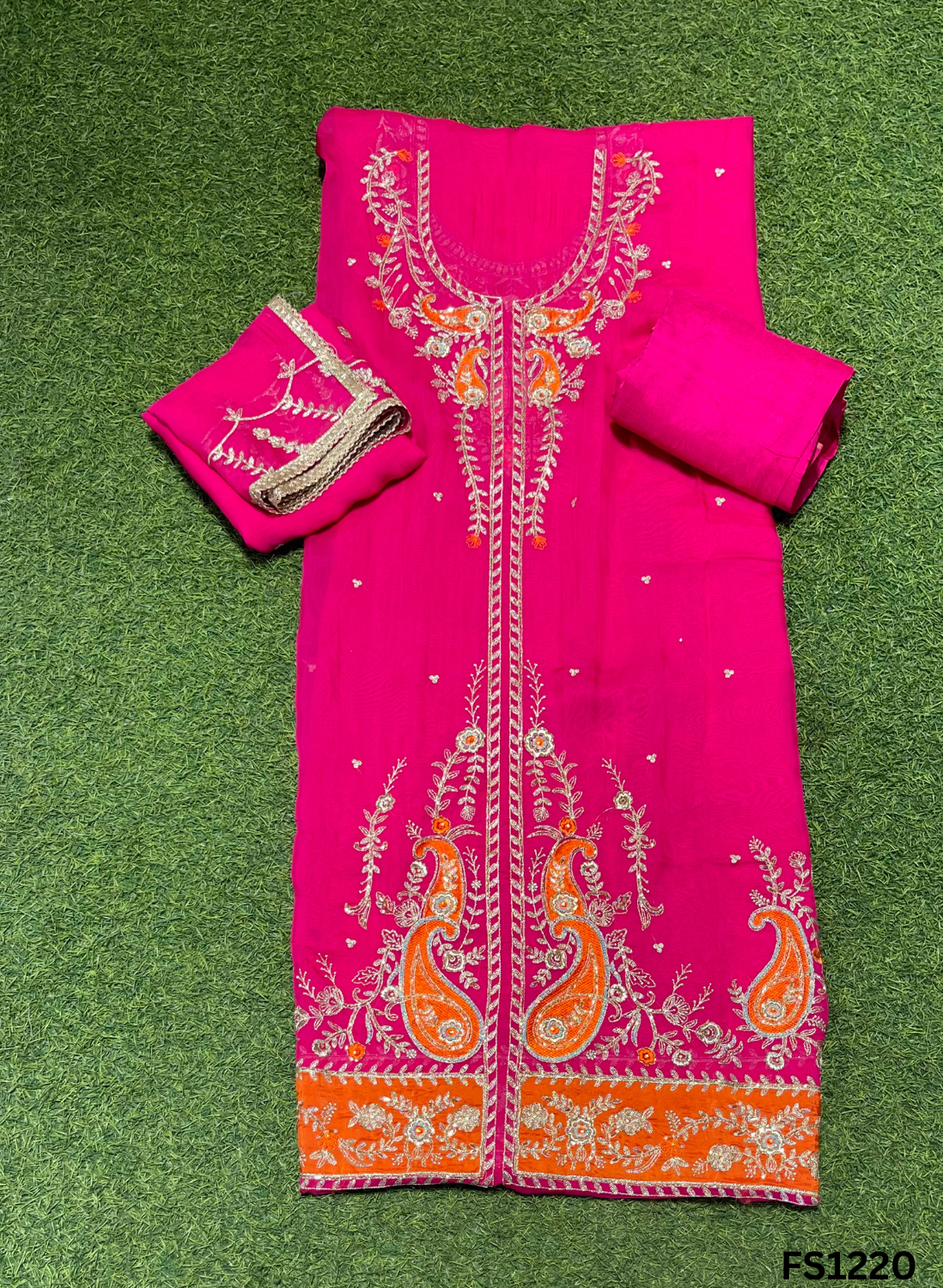 FS1220 | Hot-pink | Organza Suit | Party Wear | Wedding | Jaggo | Ring Ceremony | Festival |