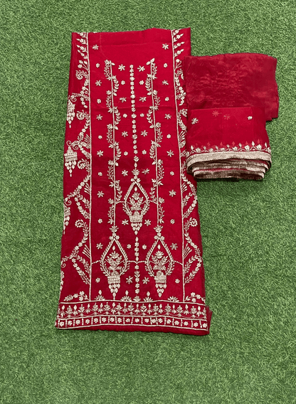 FS138 | Red |  Pure Organza Suit | Wedding | Party Wear | Jaggo| Festival | Casual Wear | F9IAAA