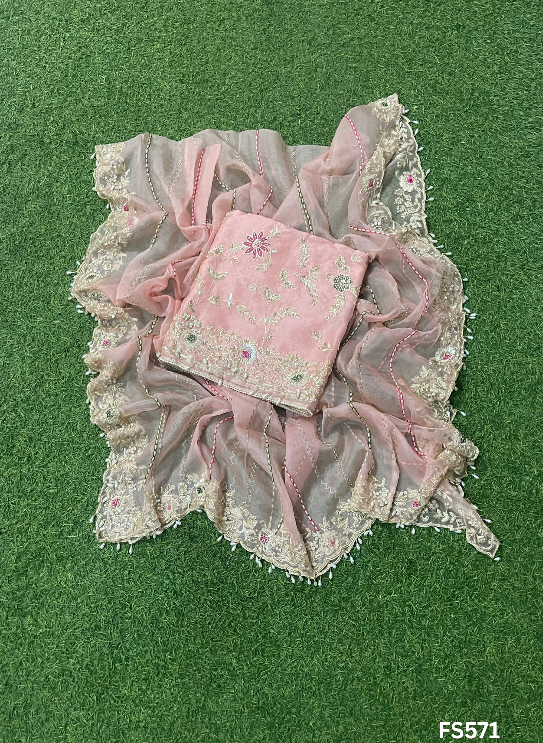 FS571 | Peach | Organza Suit| Party Wear | Wedding | Jaggo | Ring Ceremony | Festival |