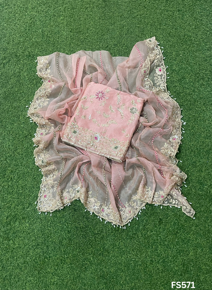 FS571 | Peach | Organza Suit| Party Wear | Wedding | Jaggo | Ring Ceremony | Festival |