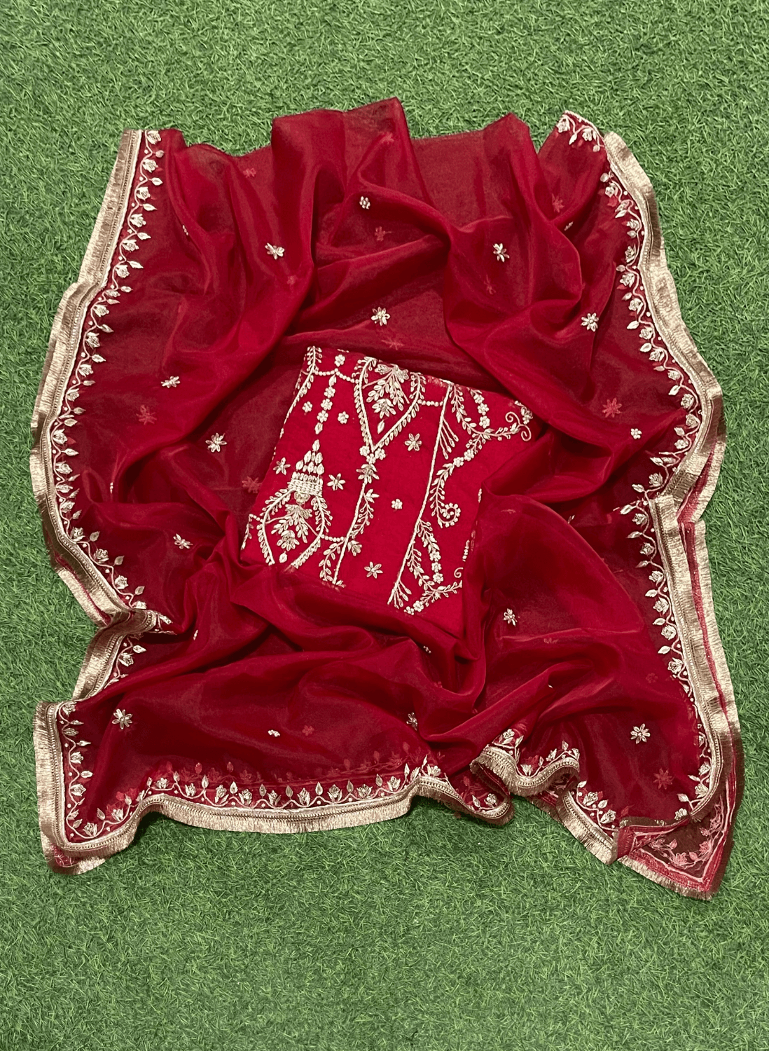 FS138 | Red |  Pure Organza Suit | Wedding | Party Wear | Jaggo| Festival | Casual Wear | F9IAAA