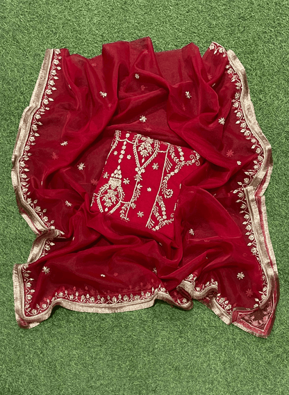 FS138 | Red |  Pure Organza Suit | Wedding | Party Wear | Jaggo| Festival | Casual Wear | F9IAAA