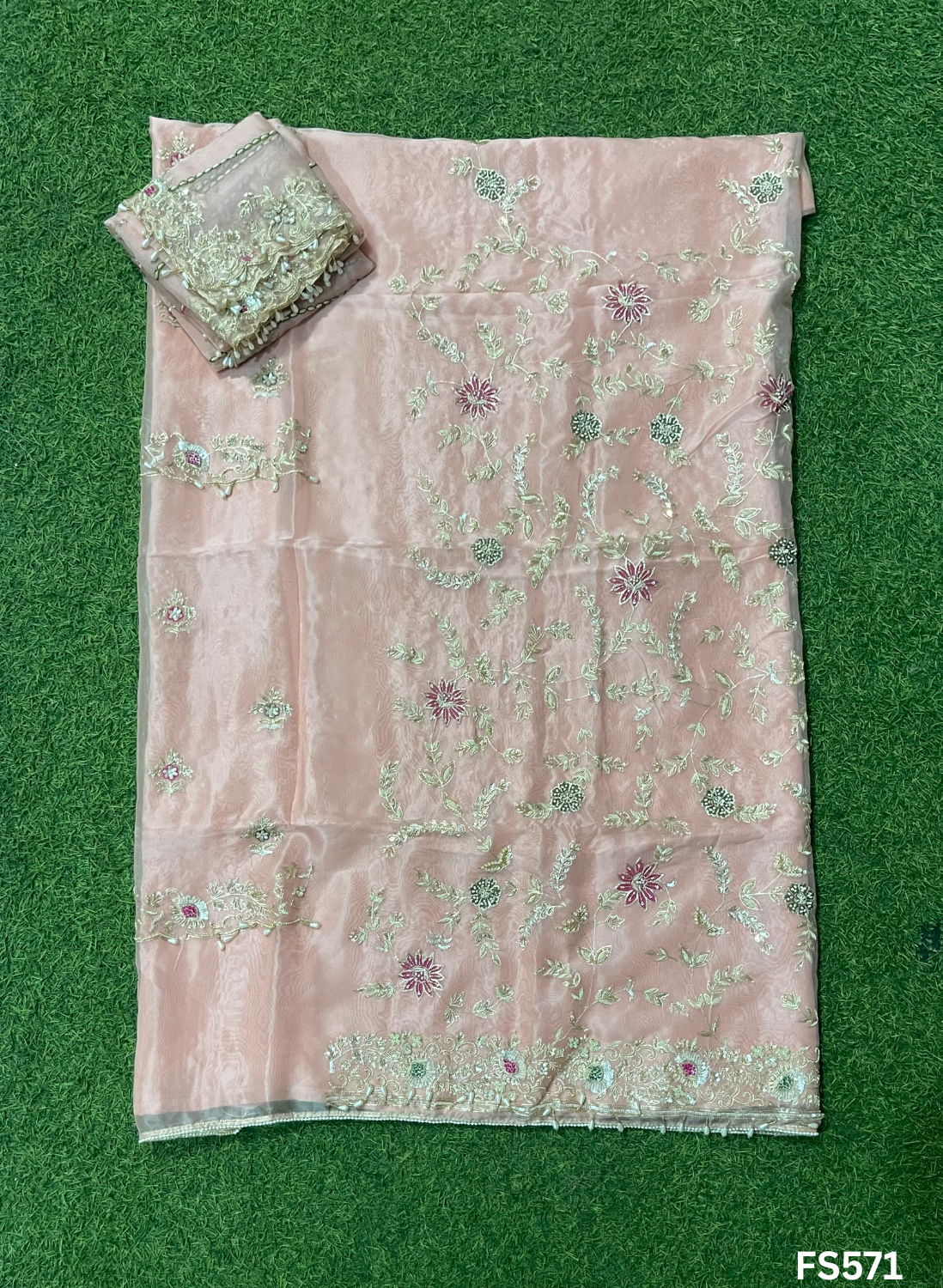 FS571 | Peach | Organza Suit| Party Wear | Wedding | Jaggo | Ring Ceremony | Festival |