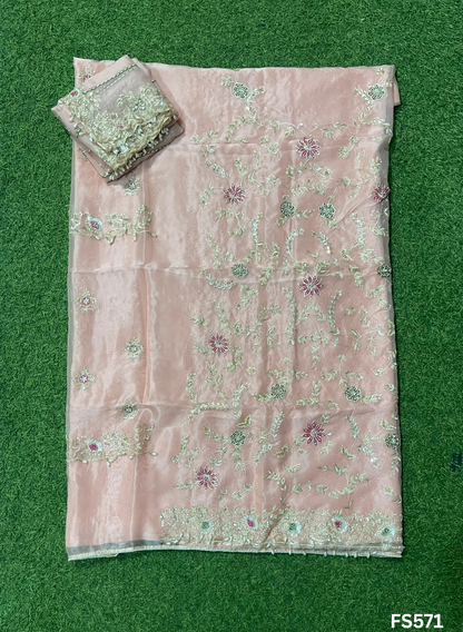 FS571 | Peach | Organza Suit| Party Wear | Wedding | Jaggo | Ring Ceremony | Festival |