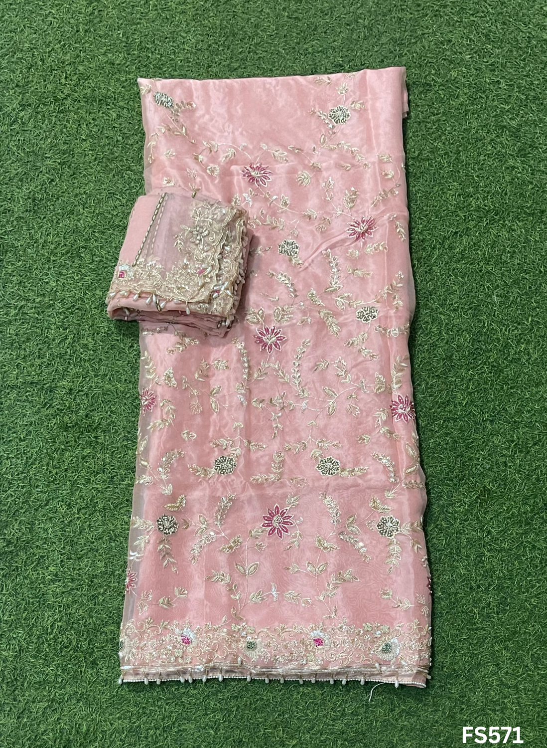 FS571 | Peach | Organza Suit| Party Wear | Wedding | Jaggo | Ring Ceremony | Festival |