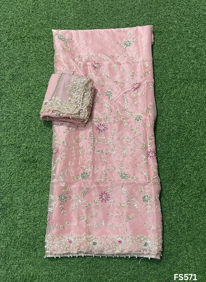 FS571 | Peach | Organza Suit| Party Wear | Wedding | Jaggo | Ring Ceremony | Festival |