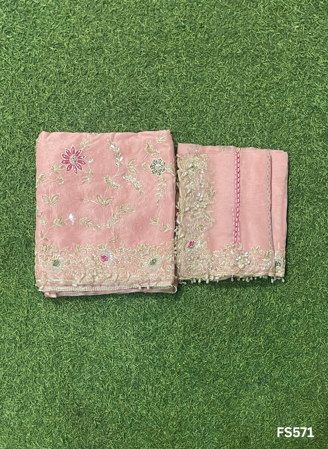 FS571 | Peach | Organza Suit| Party Wear | Wedding | Jaggo | Ring Ceremony | Festival |