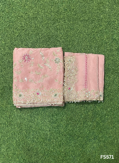 FS571 | Peach | Organza Suit| Party Wear | Wedding | Jaggo | Ring Ceremony | Festival |