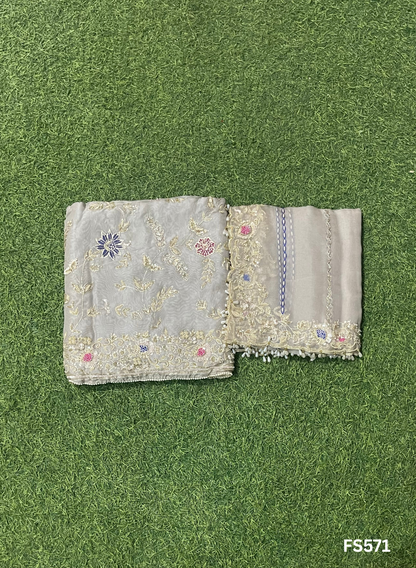 FS571 | Peach | Organza Suit| Party Wear | Wedding | Jaggo | Ring Ceremony | Festival |