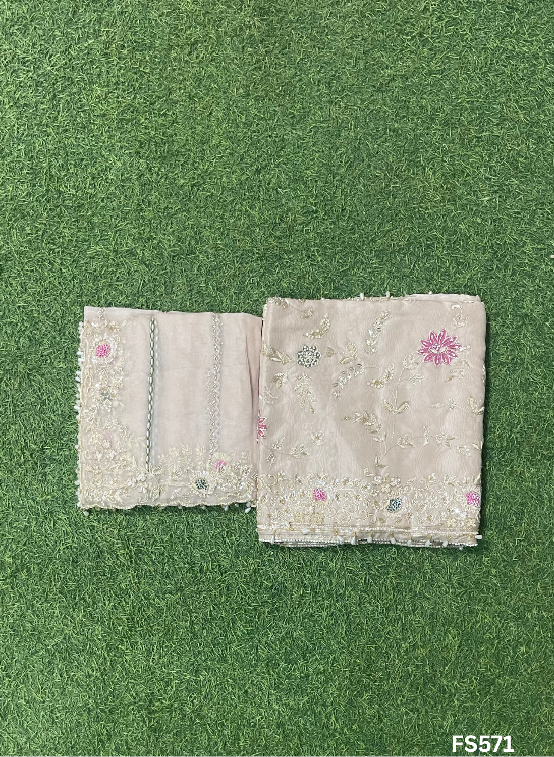 FS571 | Peach | Organza Suit| Party Wear | Wedding | Jaggo | Ring Ceremony | Festival |