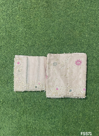 FS571 | Peach | Organza Suit| Party Wear | Wedding | Jaggo | Ring Ceremony | Festival |