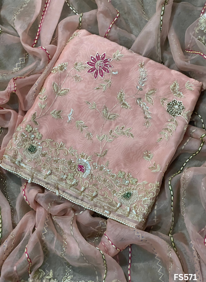 FS571 | Peach | Organza Suit| Party Wear | Wedding | Jaggo | Ring Ceremony | Festival |