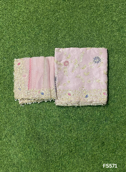 FS571 | Peach | Organza Suit| Party Wear | Wedding | Jaggo | Ring Ceremony | Festival |