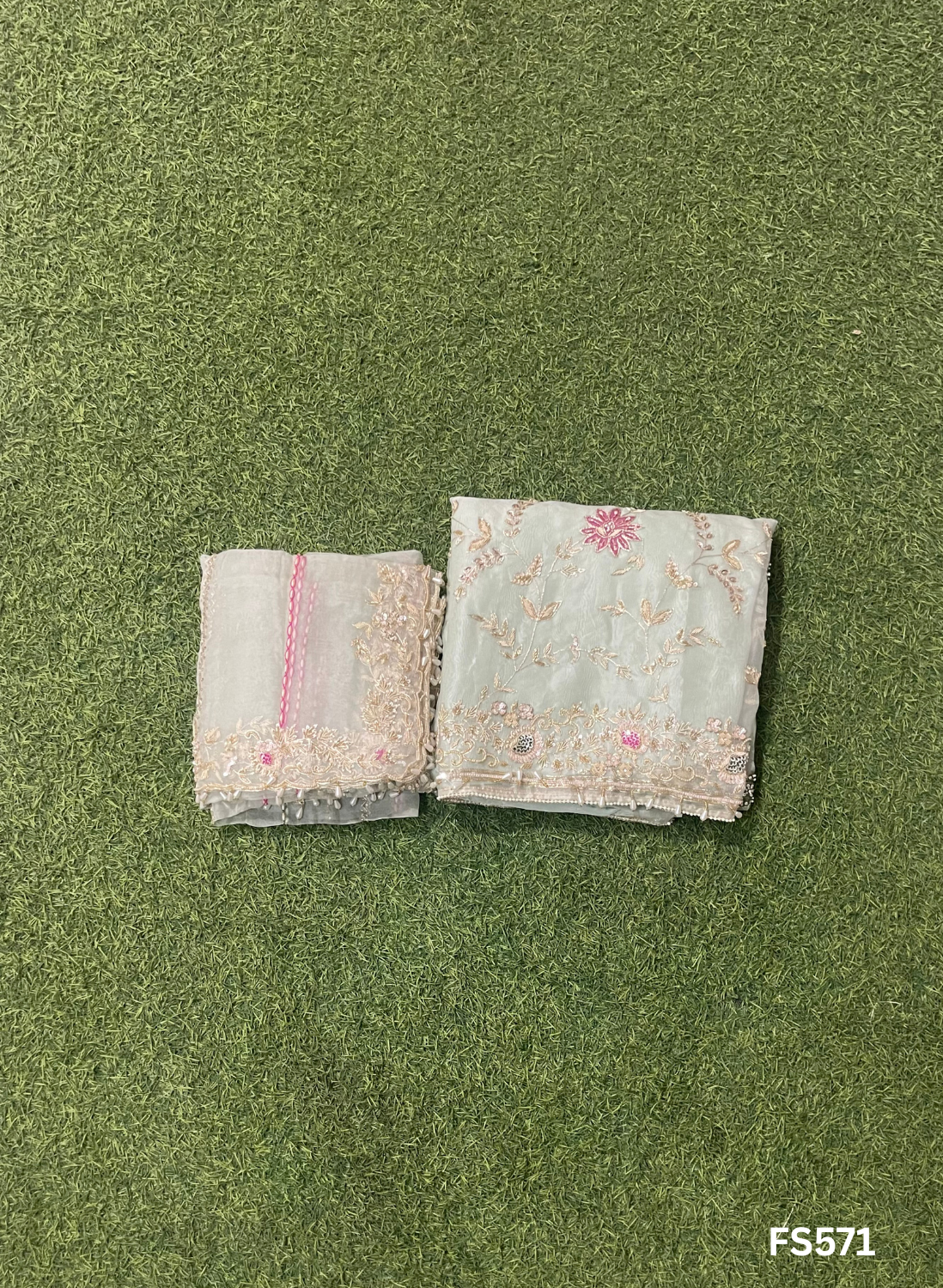 FS571 | Peach | Organza Suit| Party Wear | Wedding | Jaggo | Ring Ceremony | Festival |