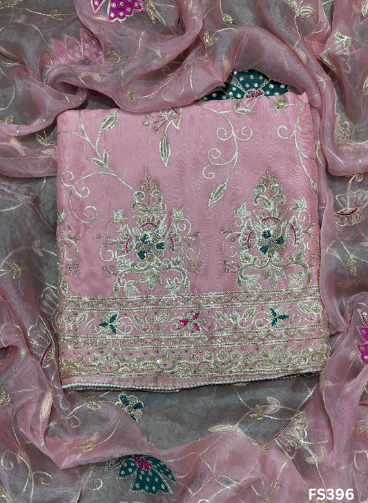 FS396 | Baby- Pink | Organza Suit | Party Wear | Wedding | Jaggo | Ring Ceremony | Festival
