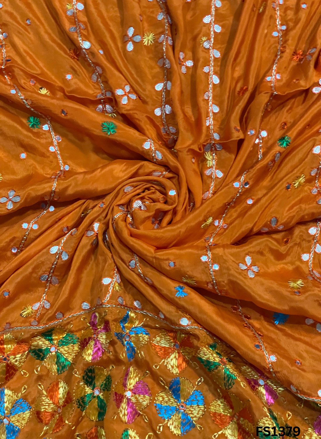 FS1379 | Orange  | Luxurious|  Embroidered |  Phulkari | 2.5 Meter of Elegance