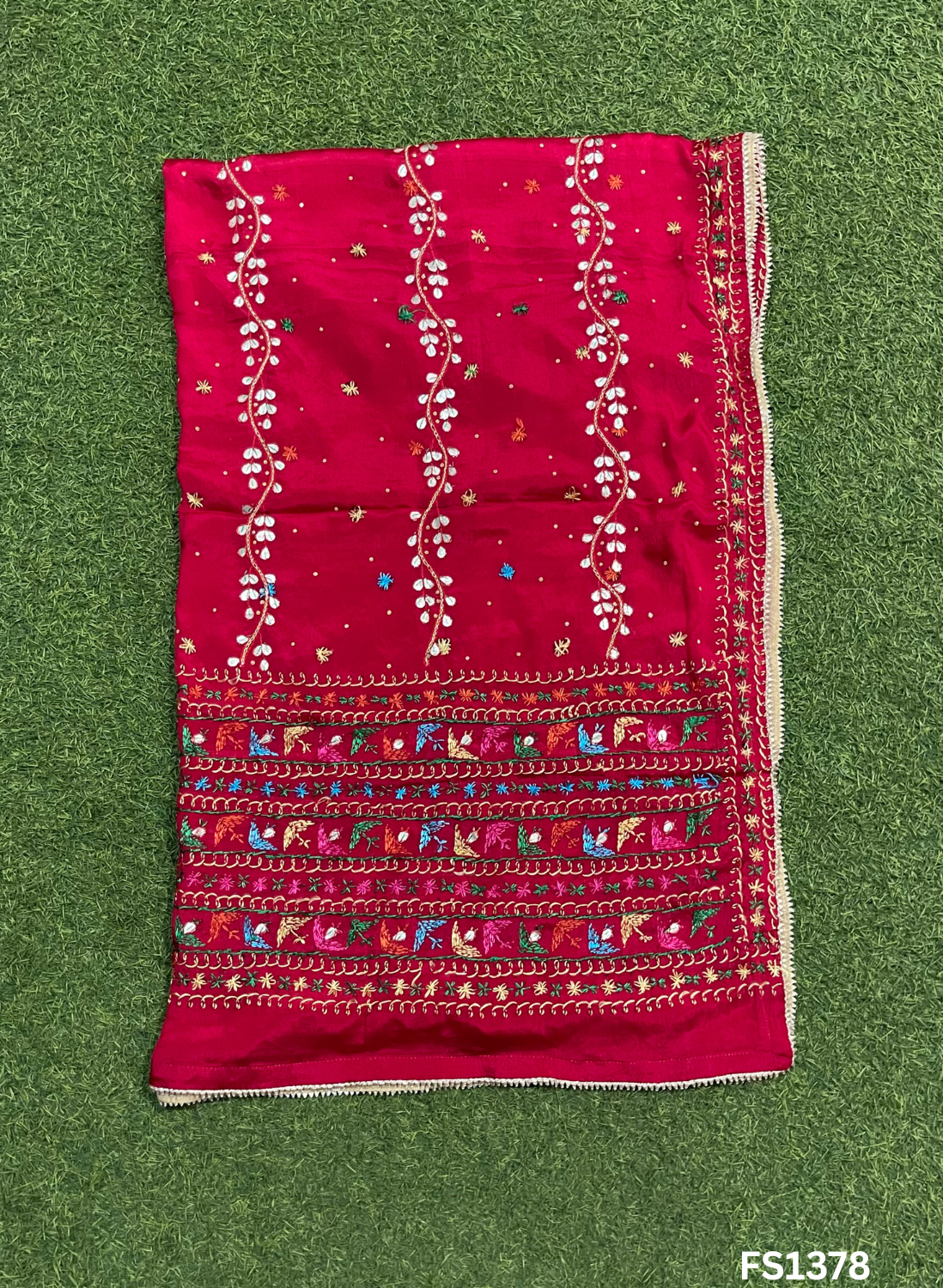 FS1378 | Red | Luxurious|  Embroidered |  Phulkari | 2.5 Meter of Elegance