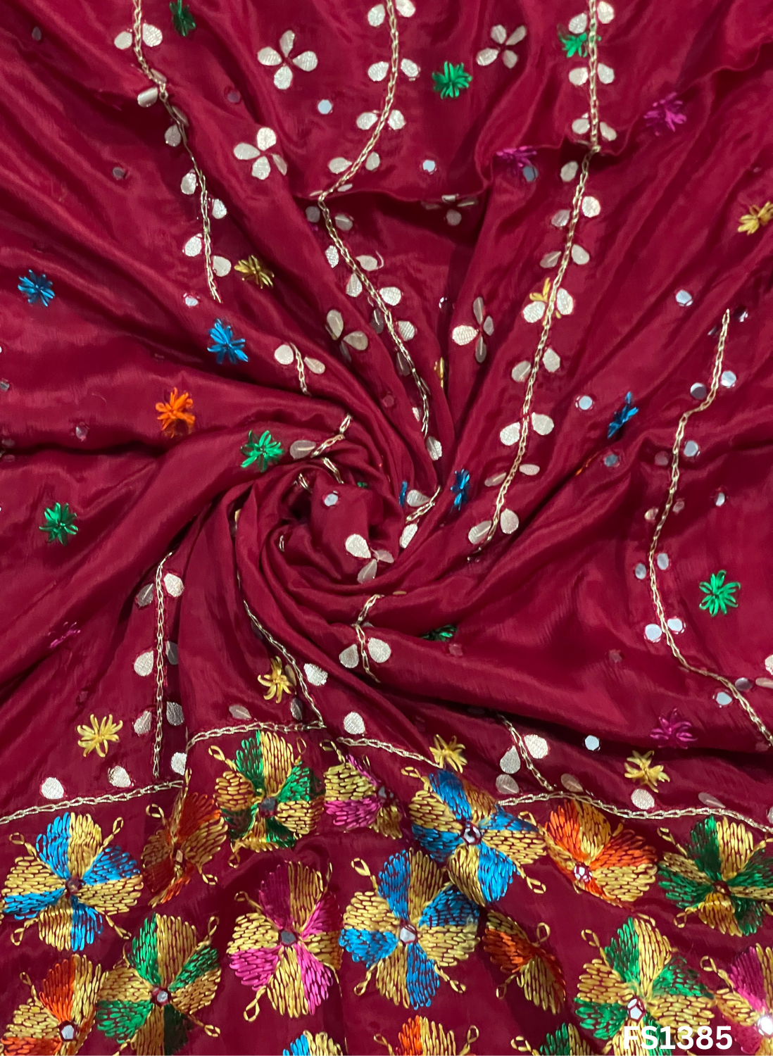 FS1385 | Red | Luxurious|  Embroidered |  Phulkari | 2.5 Meter of Elegance