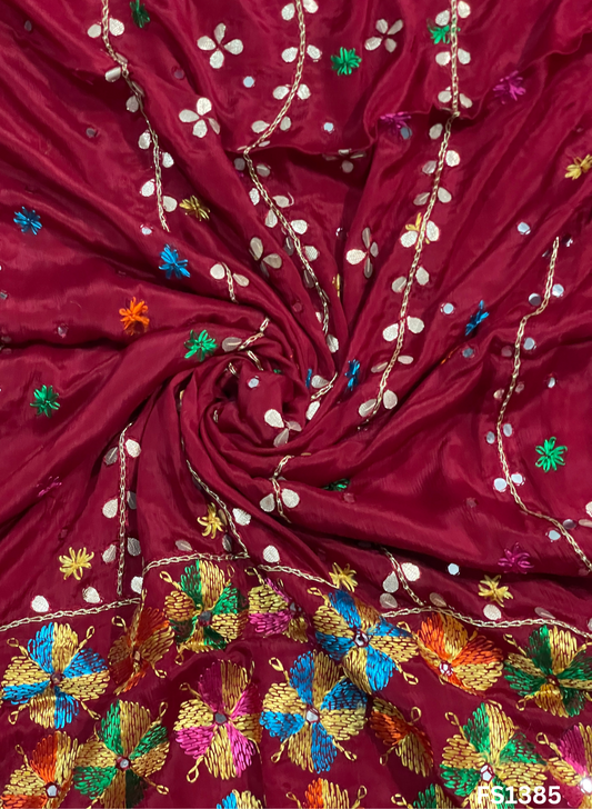 FS1385 | Red | Luxurious|  Embroidered |  Phulkari | 2.5 Meter of Elegance