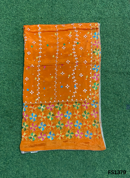 FS1379 | Orange  | Luxurious|  Embroidered |  Phulkari | 2.5 Meter of Elegance
