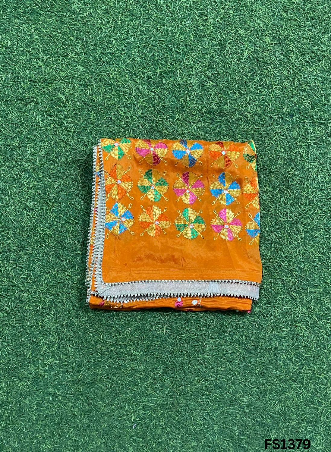 FS1379 | Orange  | Luxurious|  Embroidered |  Phulkari | 2.5 Meter of Elegance