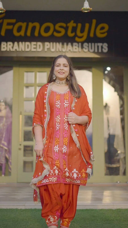 Phulkari Suit | Raw Silk | Chanon Dupatta | Jaggo Suit | Couple Dress | Party Wear | Wedding | Handwork SuitFS301