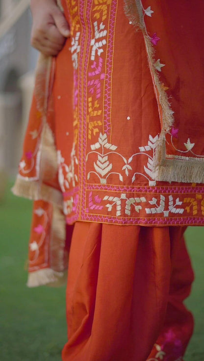 Phulkari Suit | Raw Silk | Chanon Dupatta | Jaggo Suit | Couple Dress | Party Wear | Wedding | Handwork SuitFS301