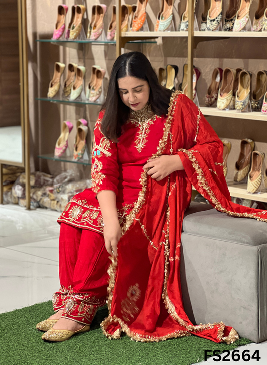 FS2664 | RED | Raw Silk | Party Wear | Wedding | Jaggo | Ring Ceremony | Festival