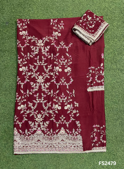 FS2479 | Mehroon | Raw Silk | Party Wear | Wedding | Jaggo | Ring Ceremony | Festival