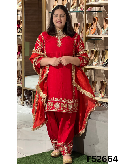 FS2664 | RED | Raw Silk | Party Wear | Wedding | Jaggo | Ring Ceremony | Festival